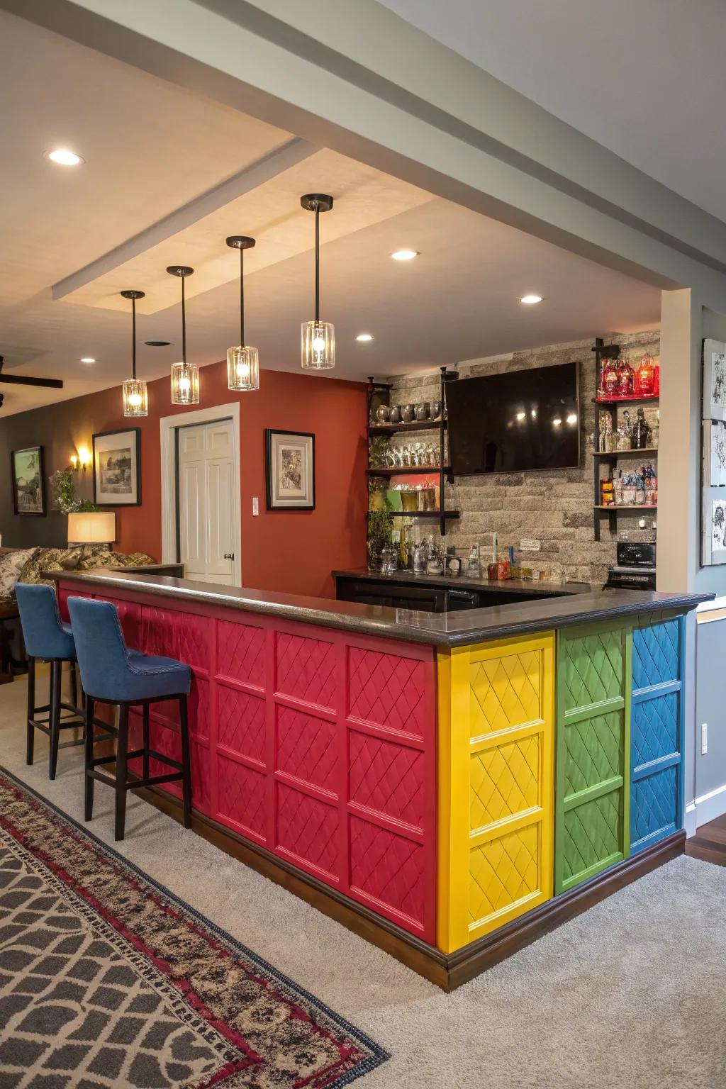 Contrasting colors fashion a bold and lively bar atmosphere.