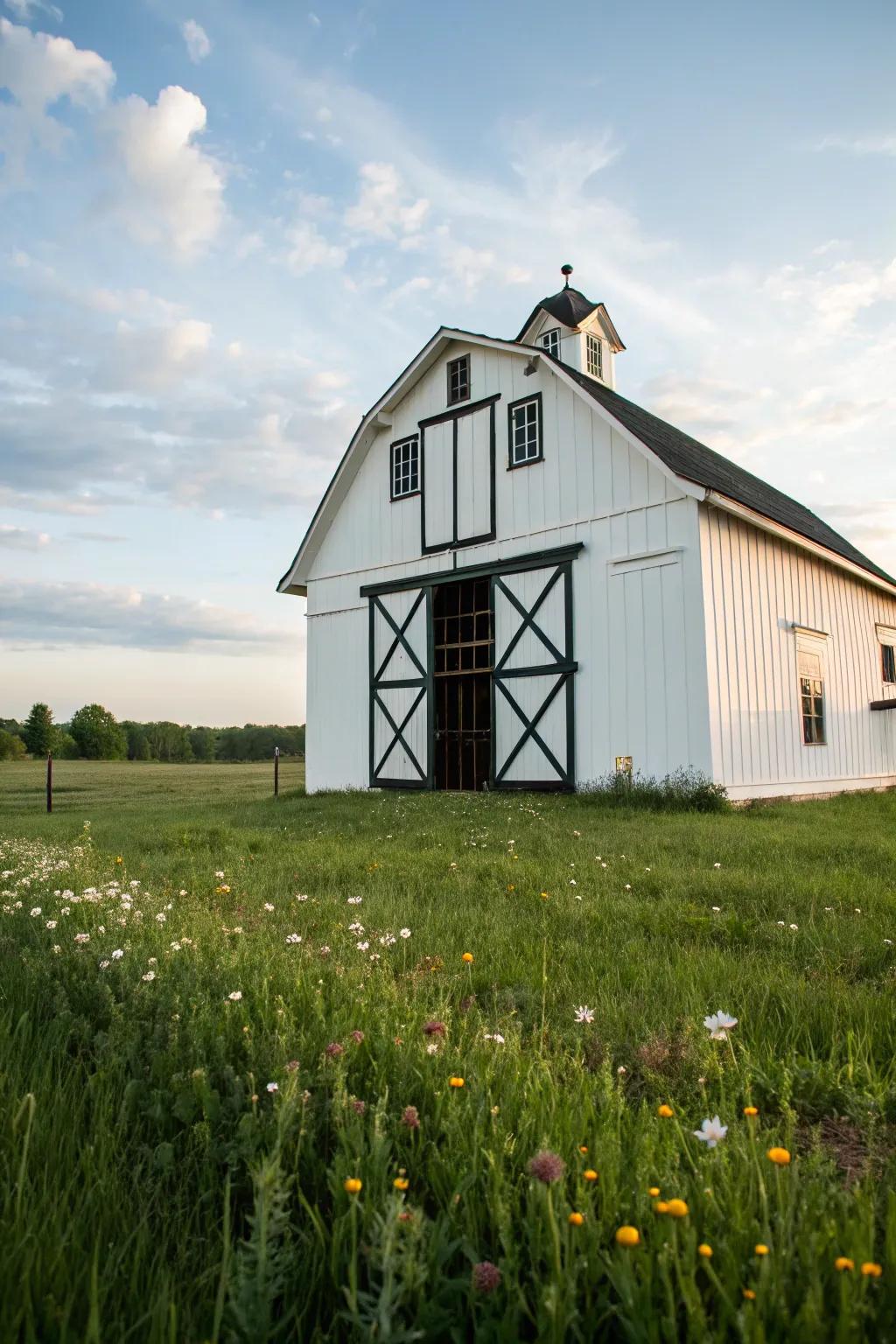 A striking white and black barn that stands out with its bold contrast.