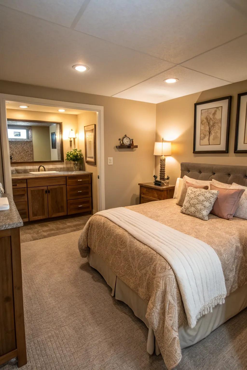 A comfortable basement guest suite with a cozy bedroom.