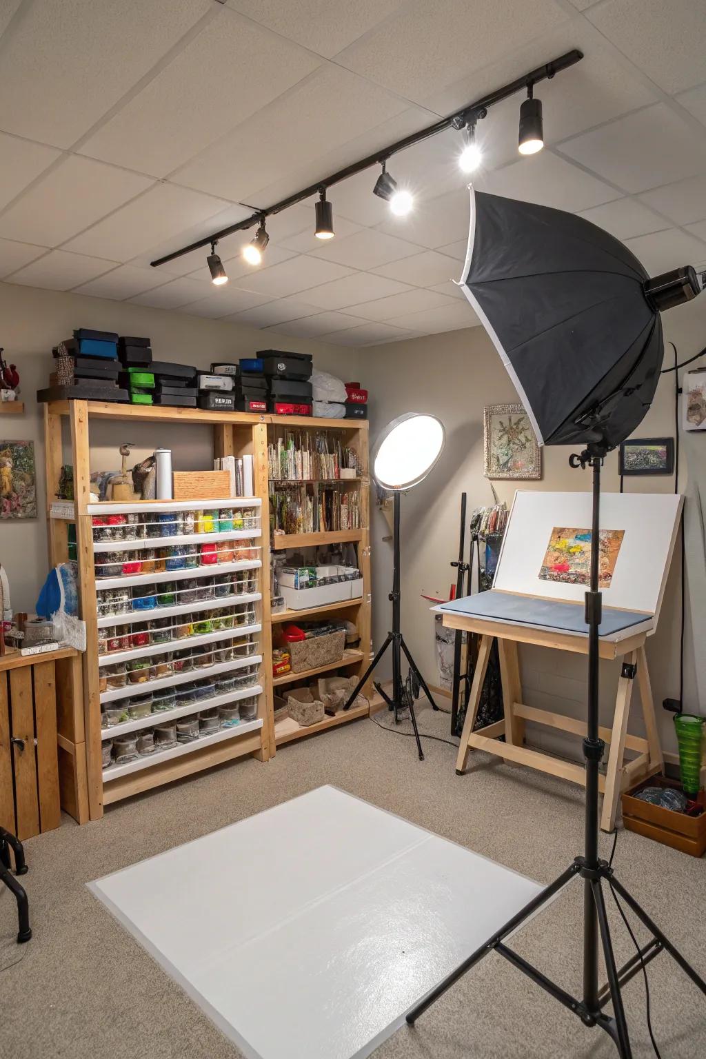 A creative studio in the basement with ample storage and flexible lighting for artistic projects.