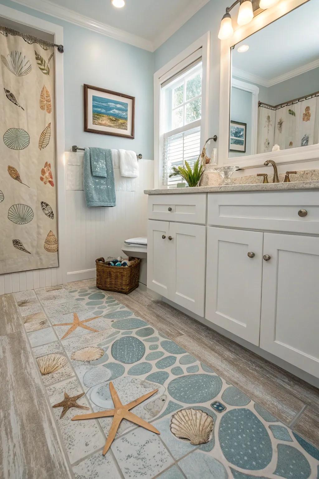 Coastal-inspired vinyl flooring creates a breezy, beachy atmosphere in this bathroom.