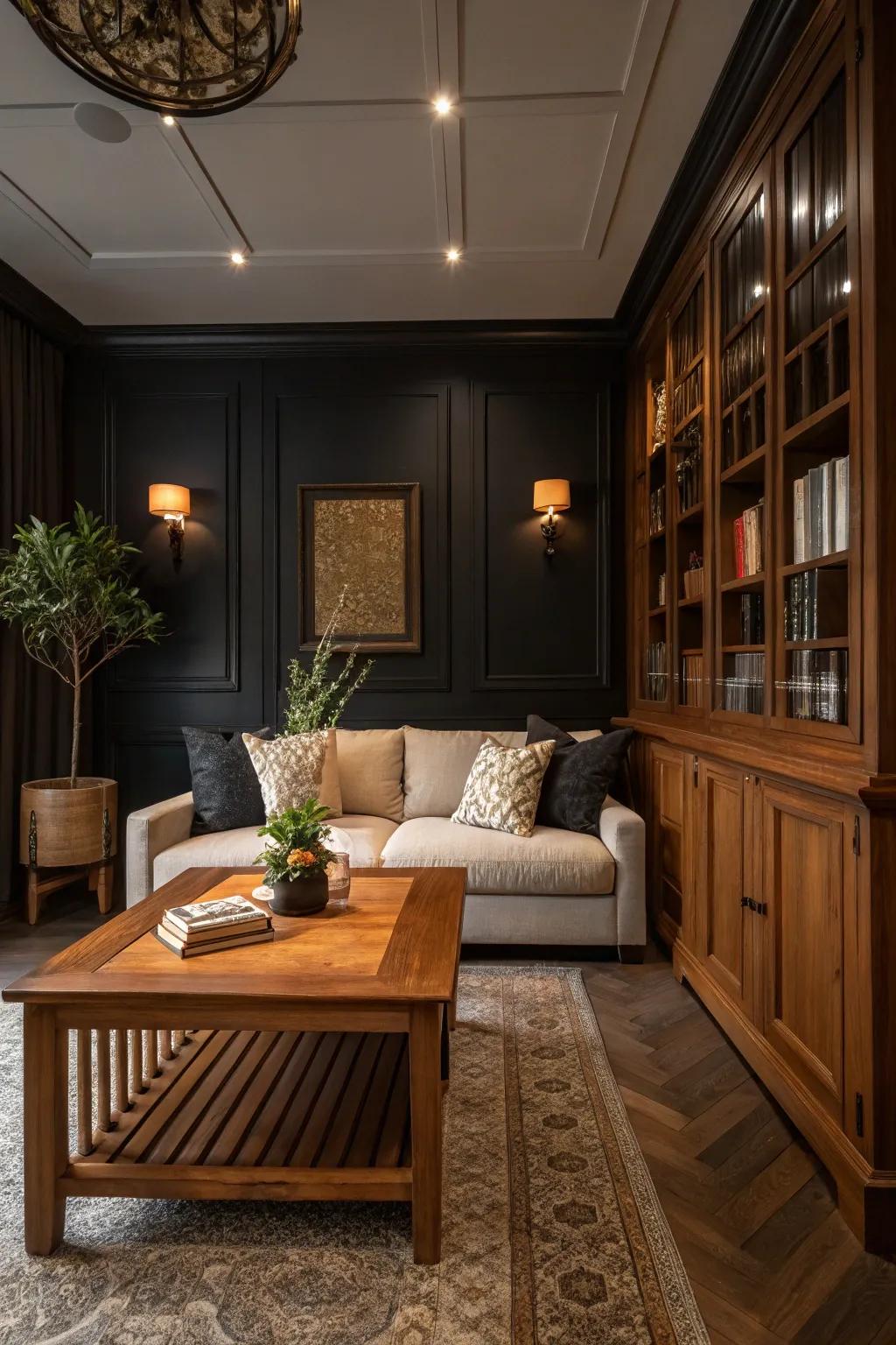 A cozy room with dark walls and warm wood tones creating a rich contrast.