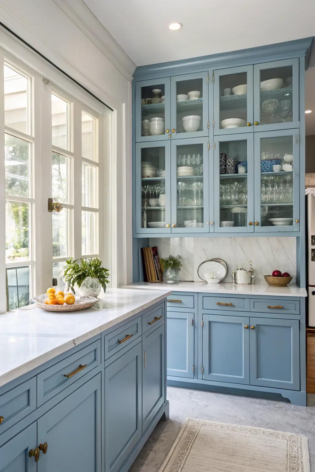 Elegant glass-front blue cabinets display favorite dishware.