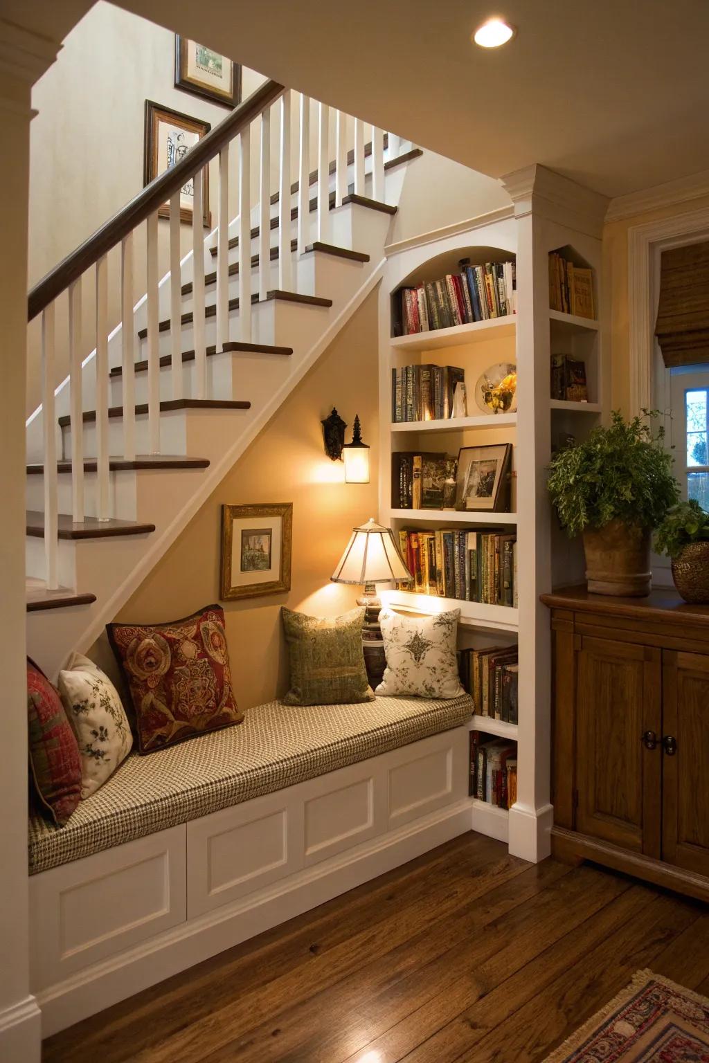 A cozy reading nook nestled under the stairs.