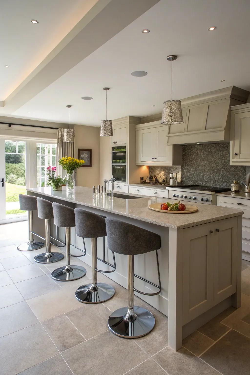 An extended centerpiece seamlessly incorporating a breakfast bar.