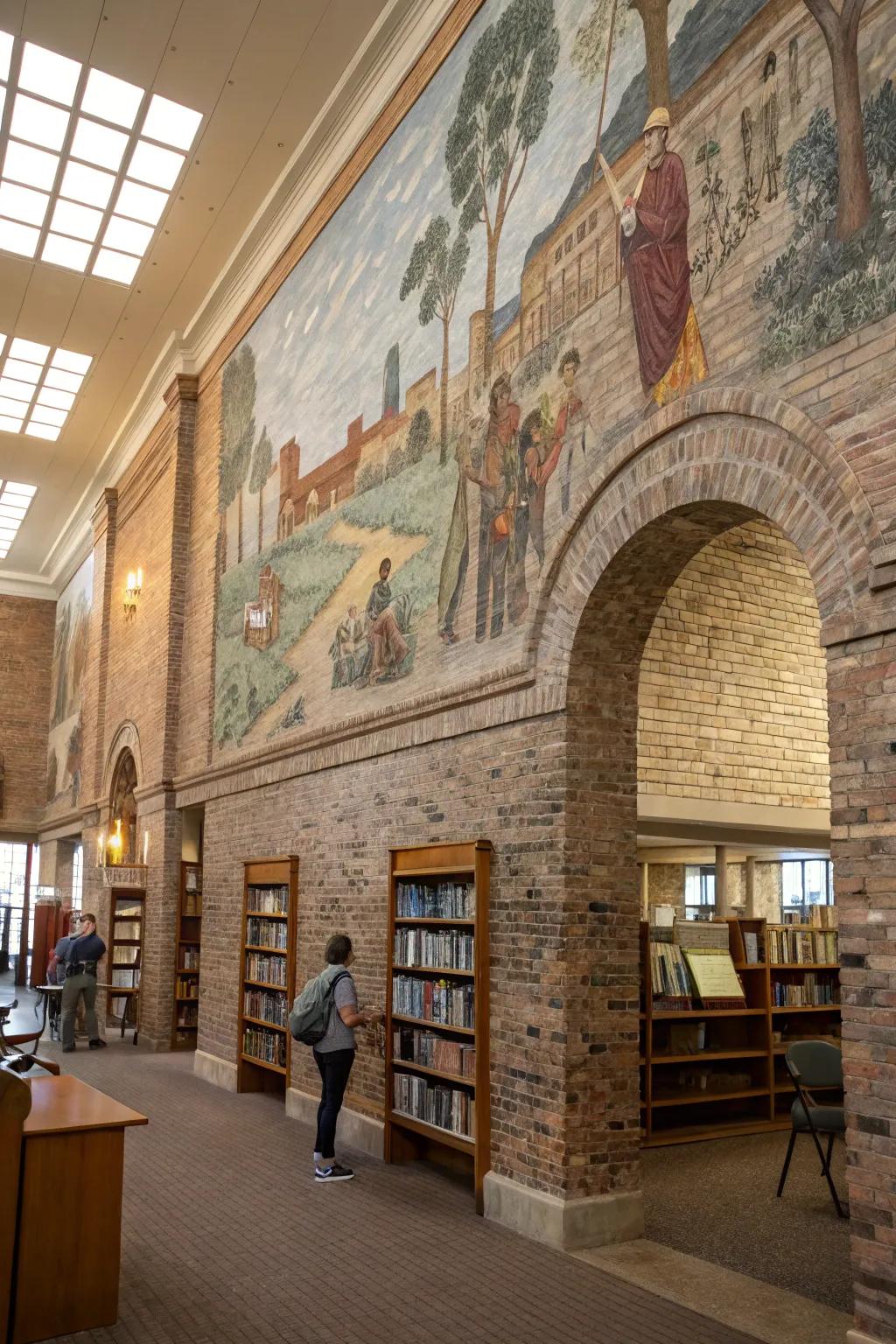 A historical mural adds depth and storytelling to a brick wall.