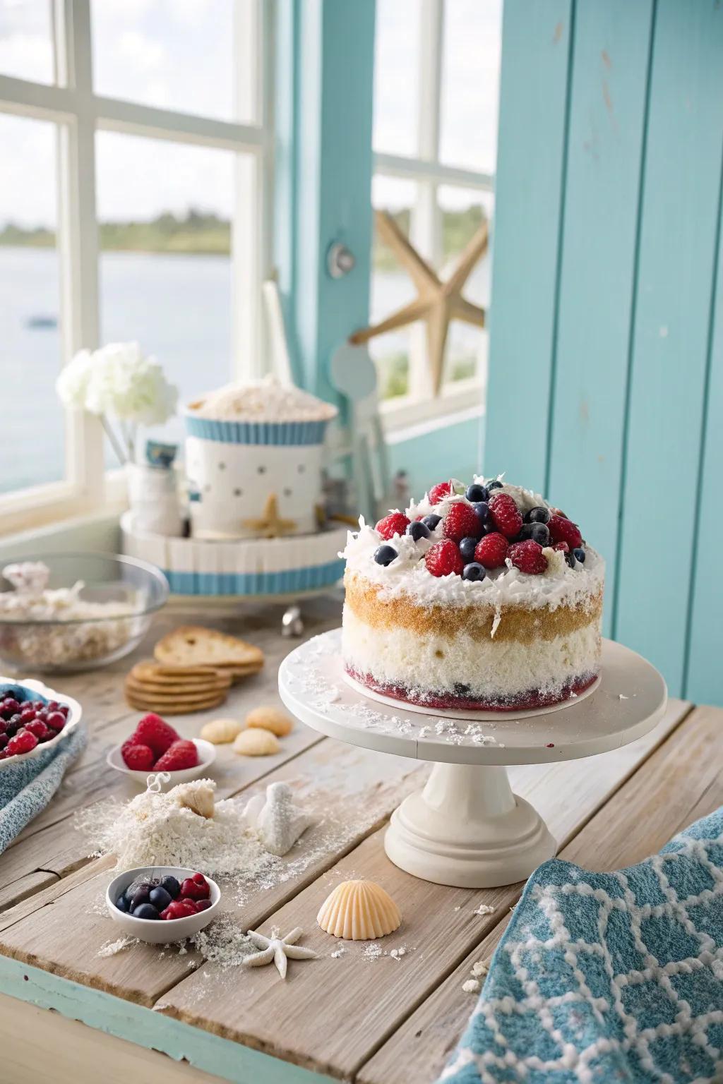 A coconut and berry fusion cake that’s a tropical delight.