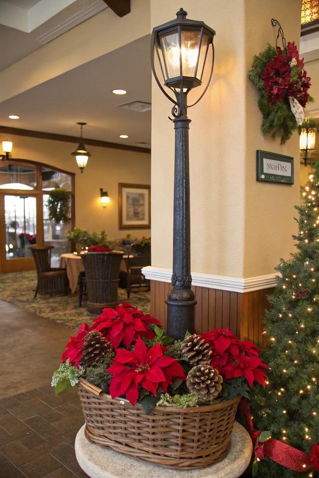 A basket of goodies adds charm to the base of a lamp post.