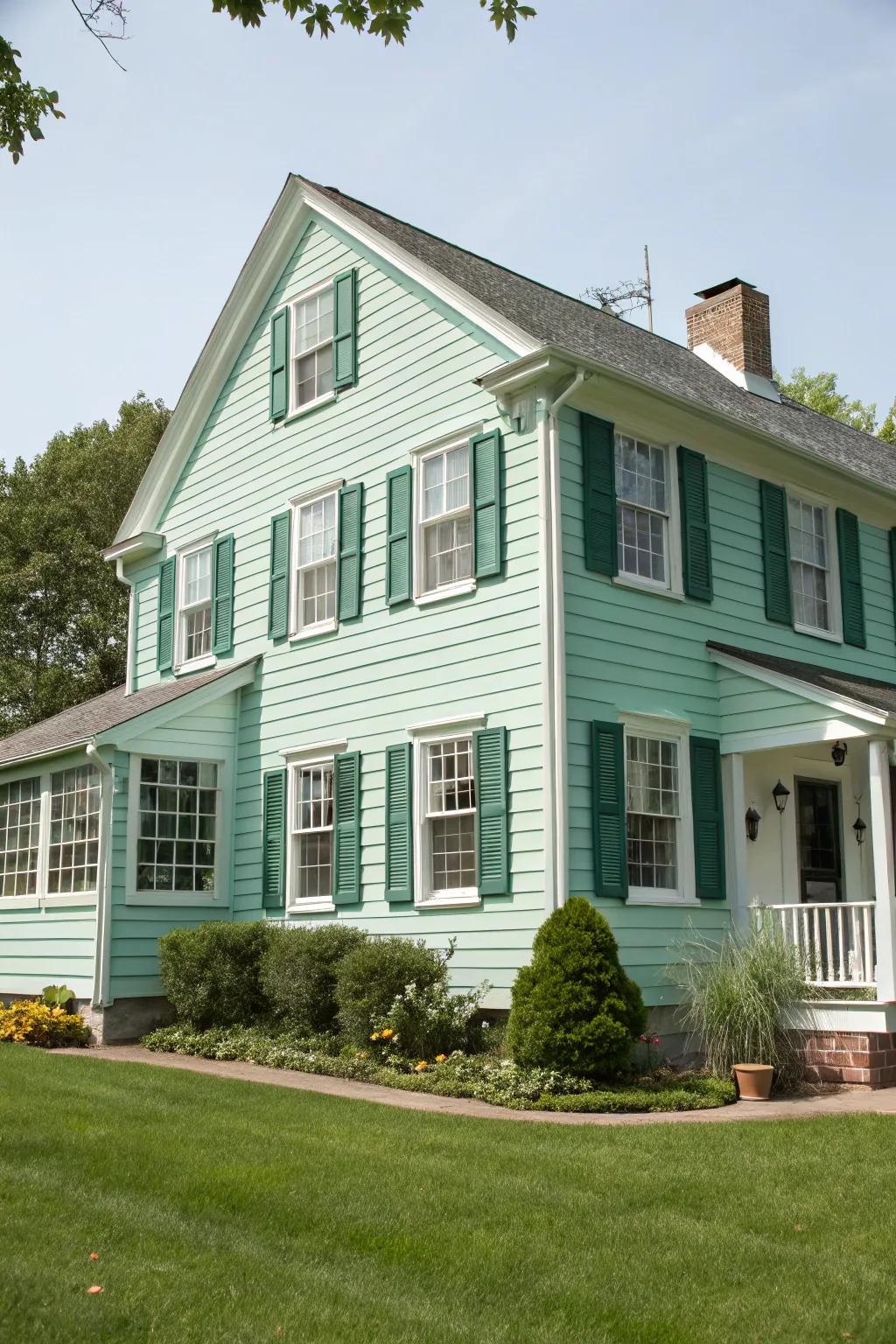 A colonial home with a refreshing twist, showcasing mint cladding and hunter forest window coverings.