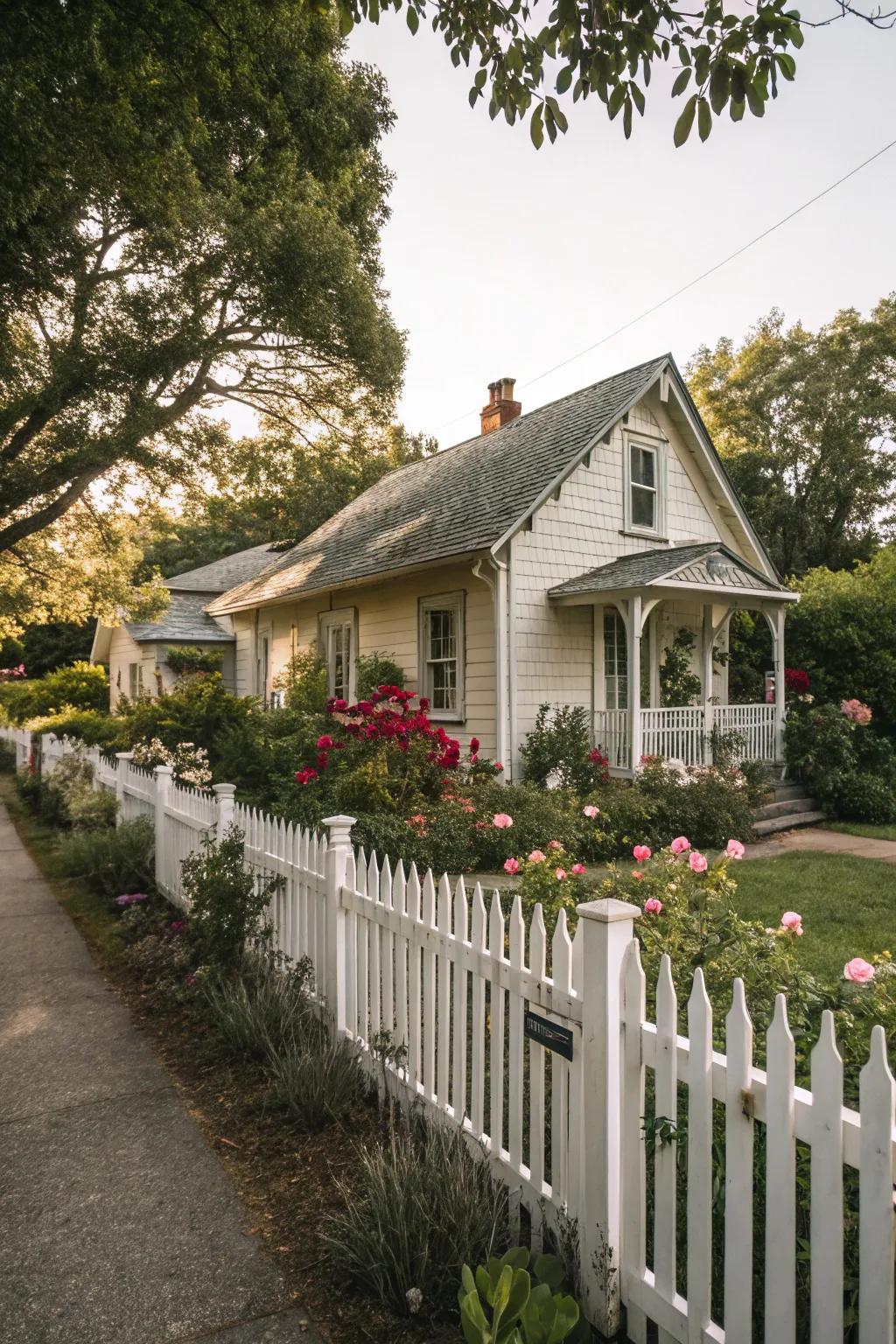 A white picket enclosure imparts classic allure to a cottage façade.