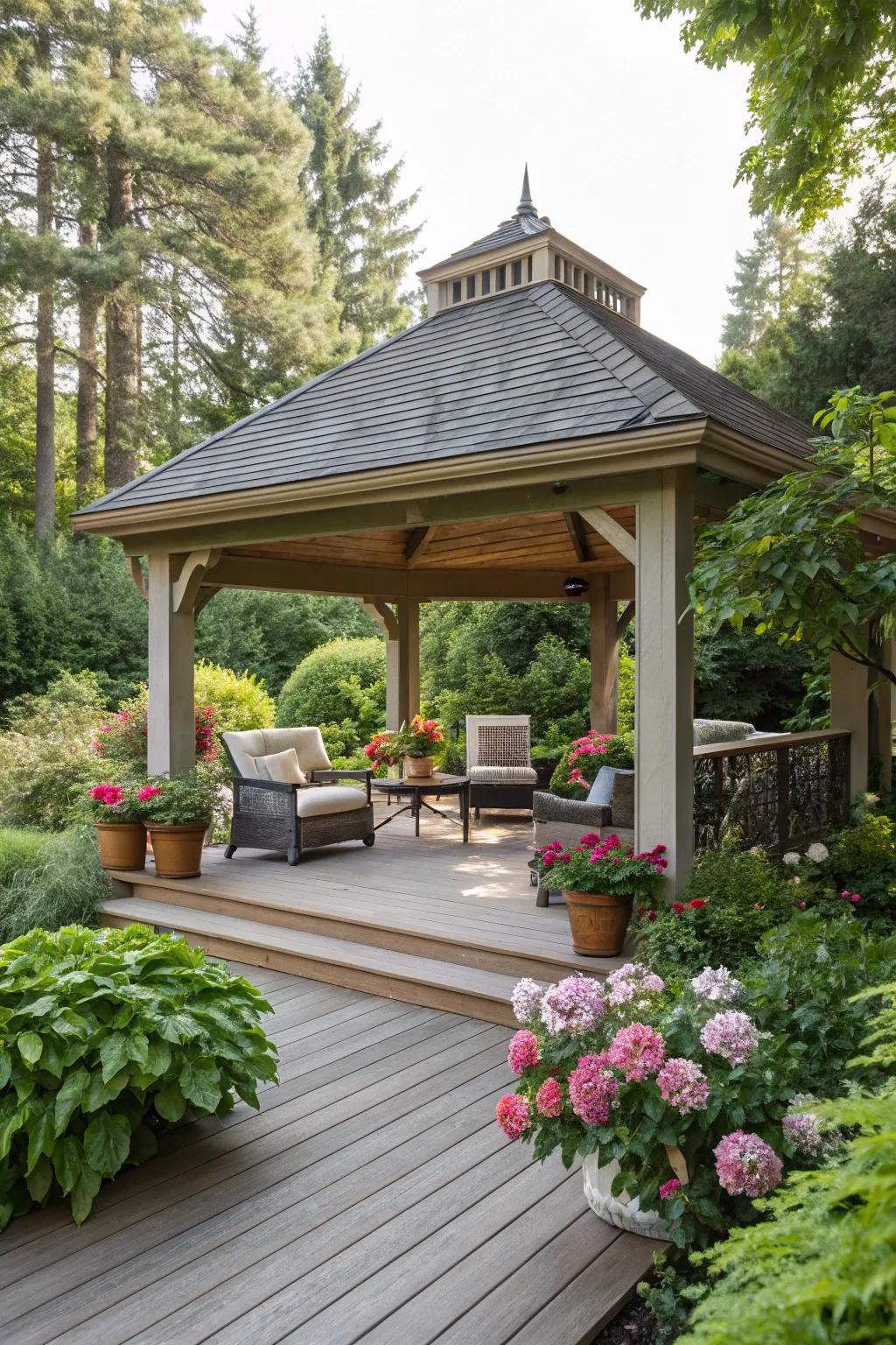 Pavilions offer elegant open-air coverage for decks.