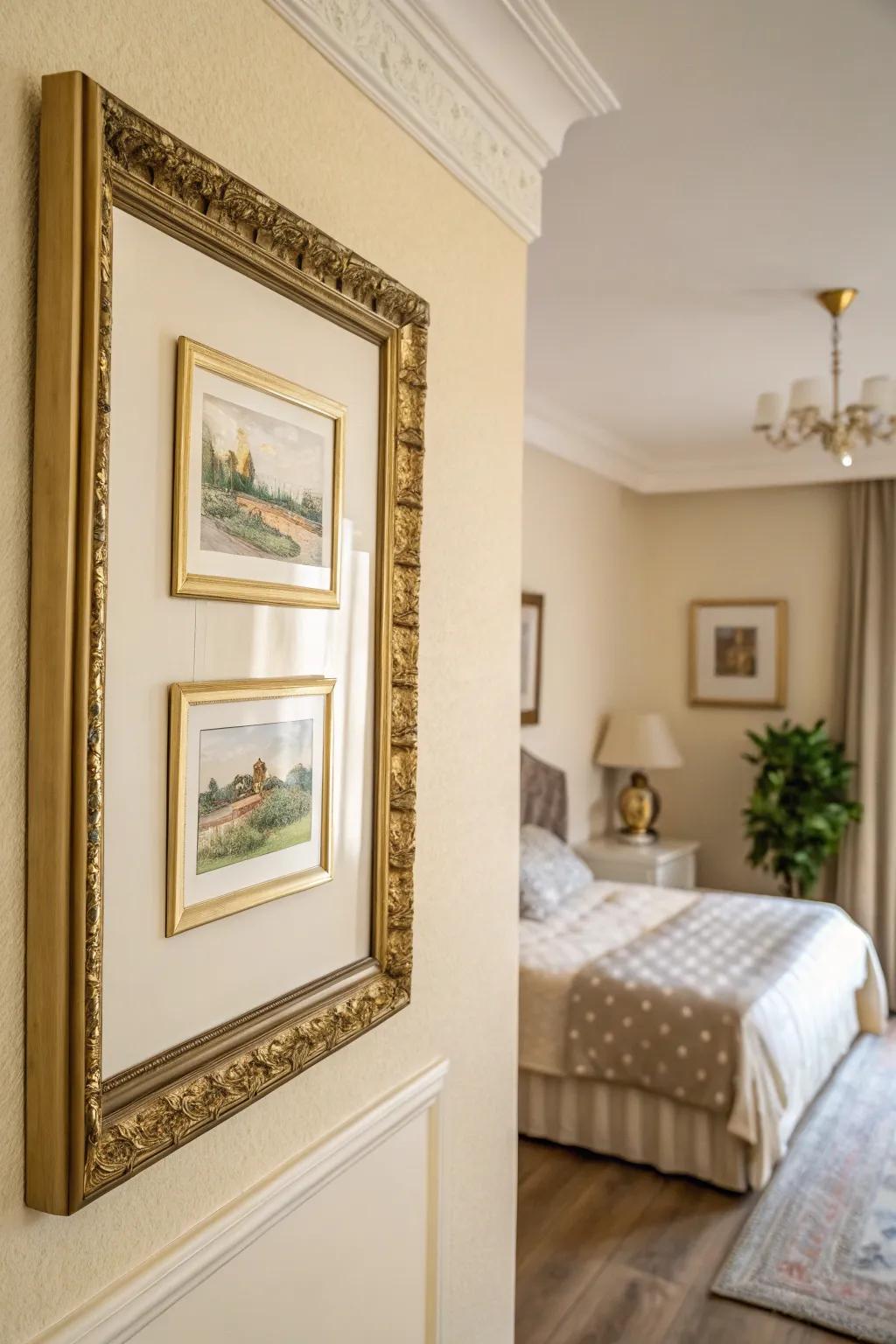 Art with gold frames adds character and complements the cream backdrop.