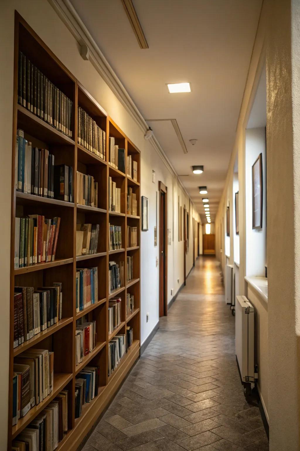 Hallway bookshelves can turn a simple walkway into a haven for book lovers.
