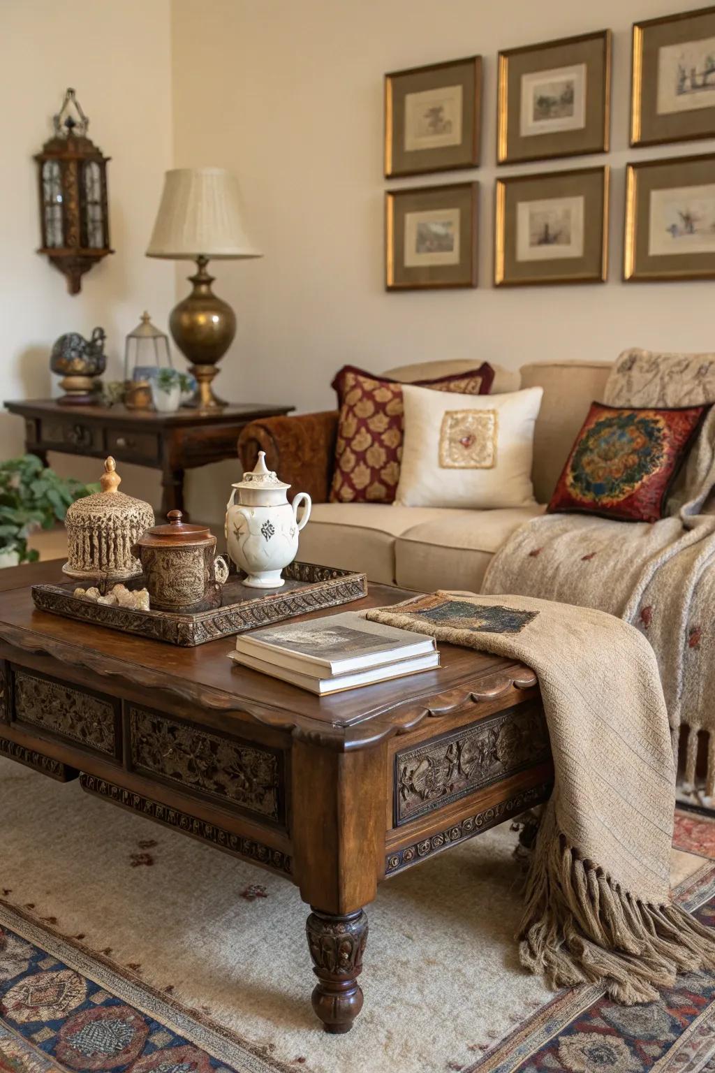 Antique finds add character and charm to your living room.