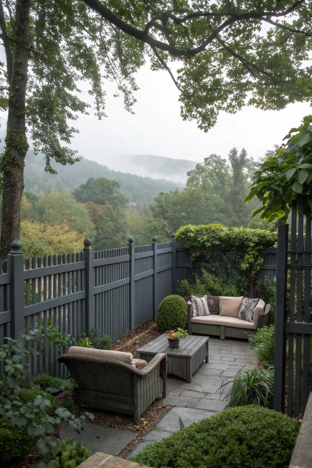 A secluded garden sanctuary with a dark grey fence and lush foliage.