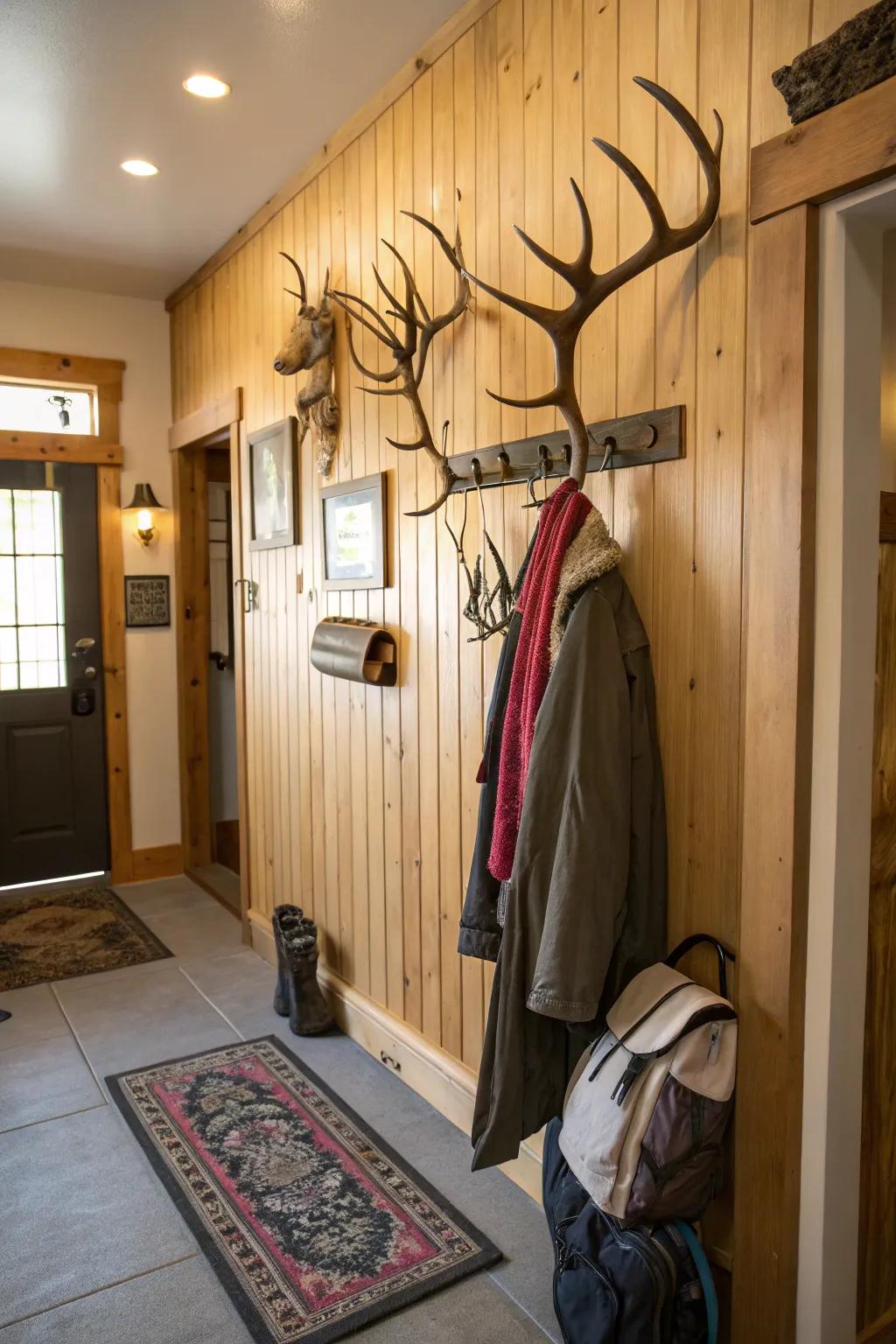 A rustic coat rack made from deer antlers offers a stylish entryway solution.