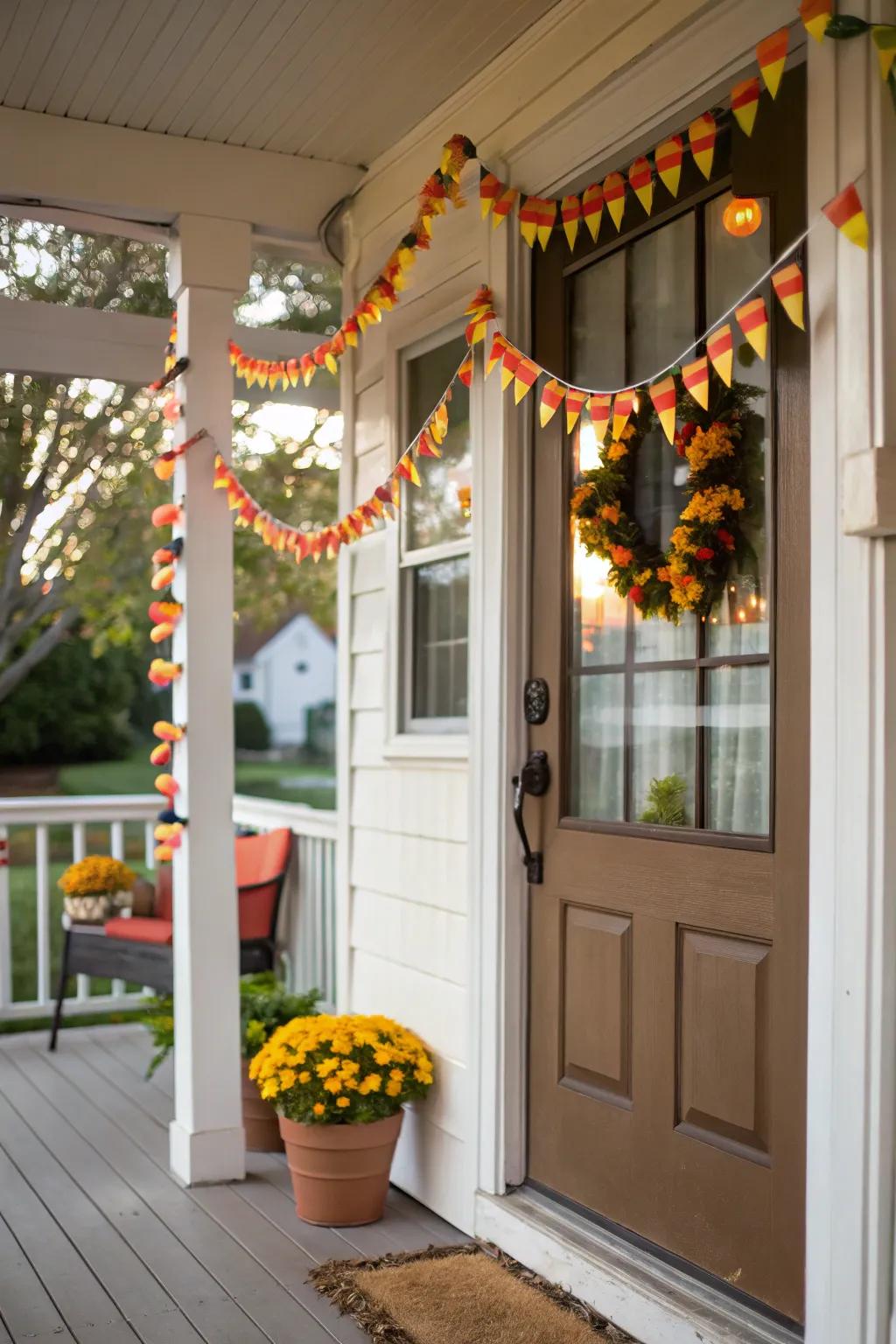 A candy corn garland adds a sweet touch to Halloween decor.