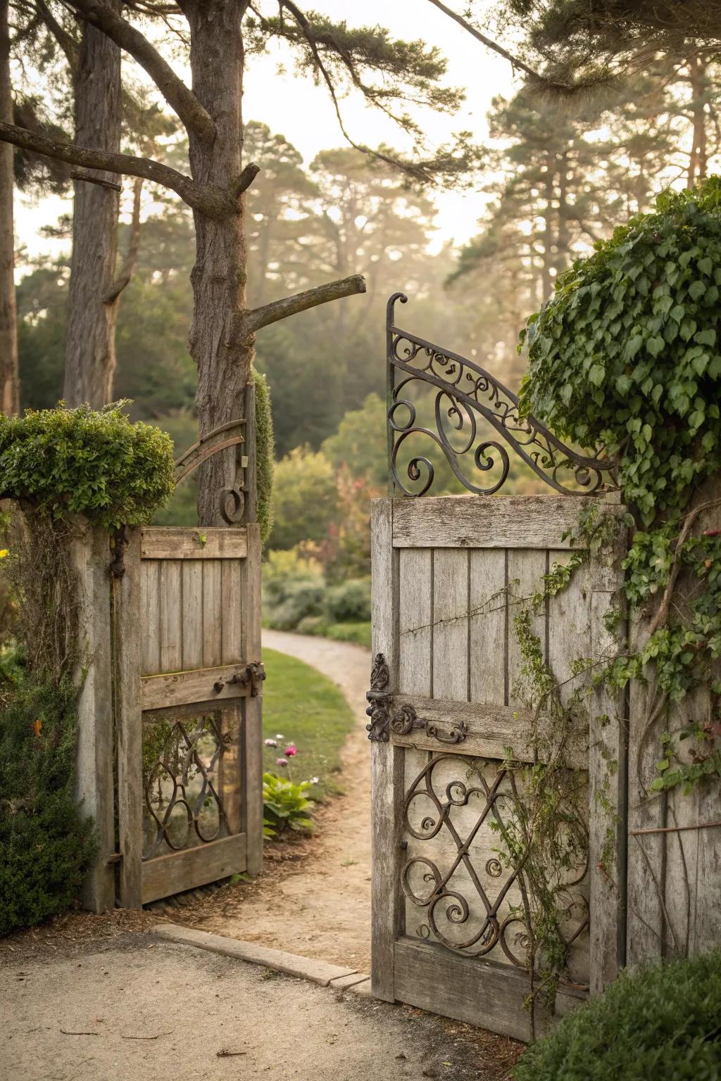 Wrought iron details add romantic elegance to a wood gate.