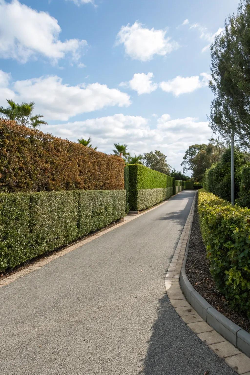 Eco-friendly hedges offering sustainable beauty along a driveway.