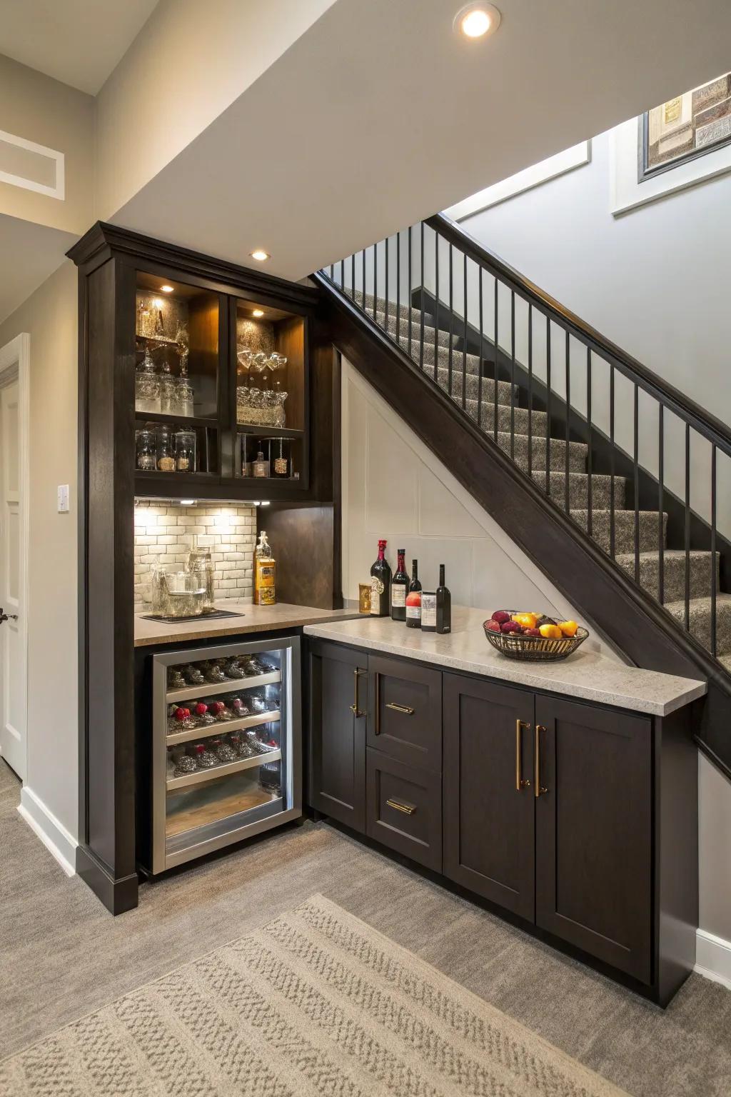 Under-the-stairs bar, a clever use of unused space.