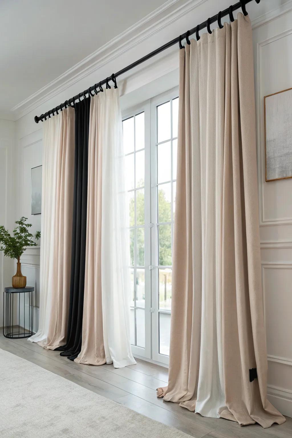 Contrasting hardware adds a modern edge to elegant curtains.