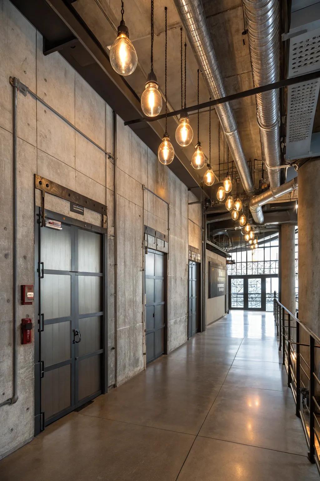 Industrial lighting gives this foyer an edgy appeal.