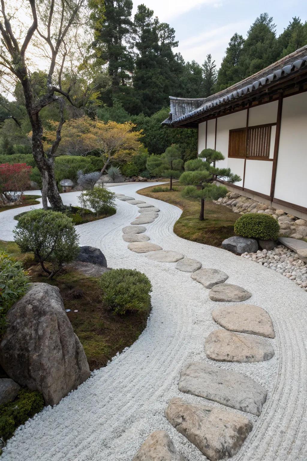 A tranquil flagstone path inspired by the simplicity of Zen gardens.