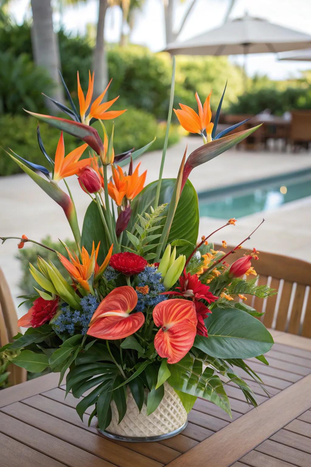 An exotic tropical flower arrangement.