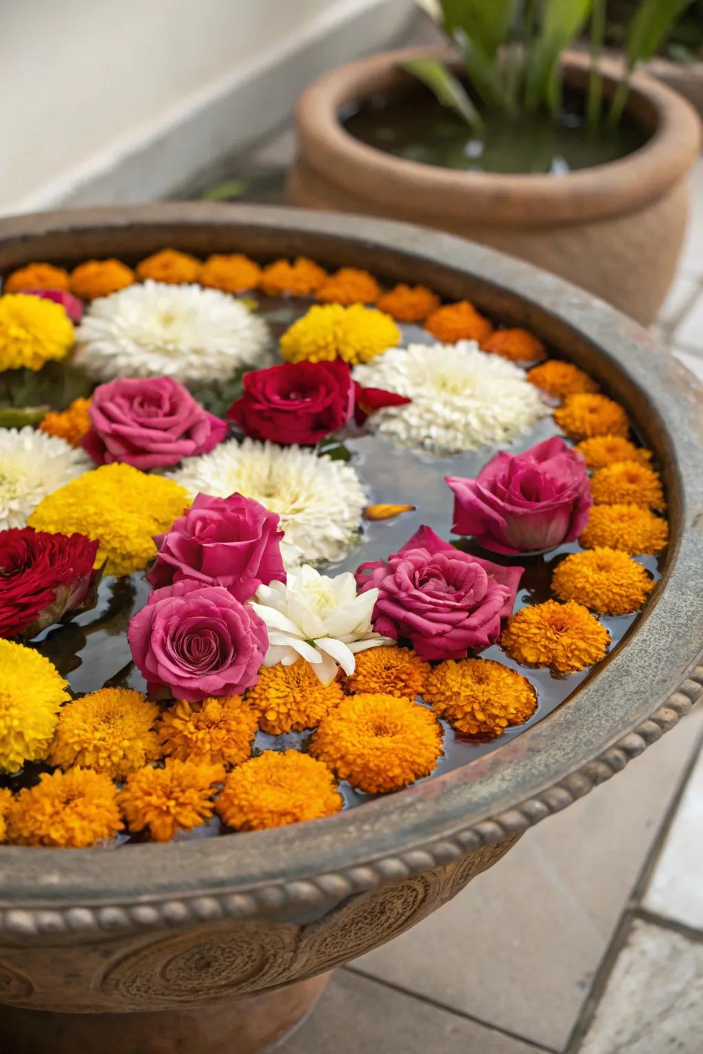 A tranquil centerpiece of floating flowers in a decorative bowl for the festival.