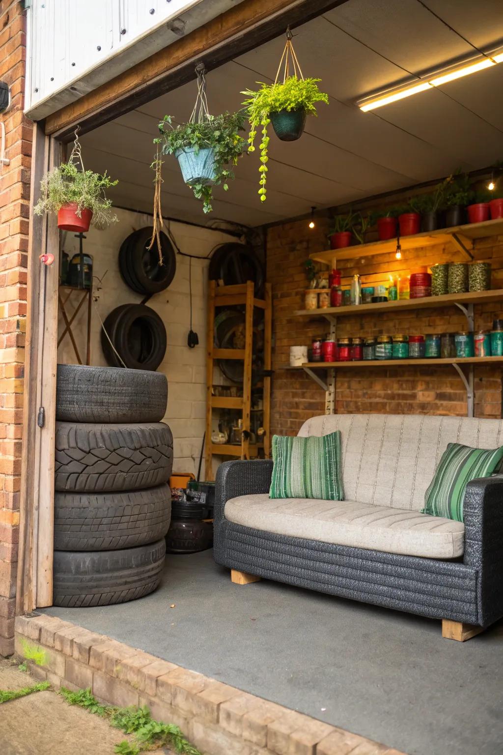 Upcycled tire sofas make a bold and sustainable statement in any garage.