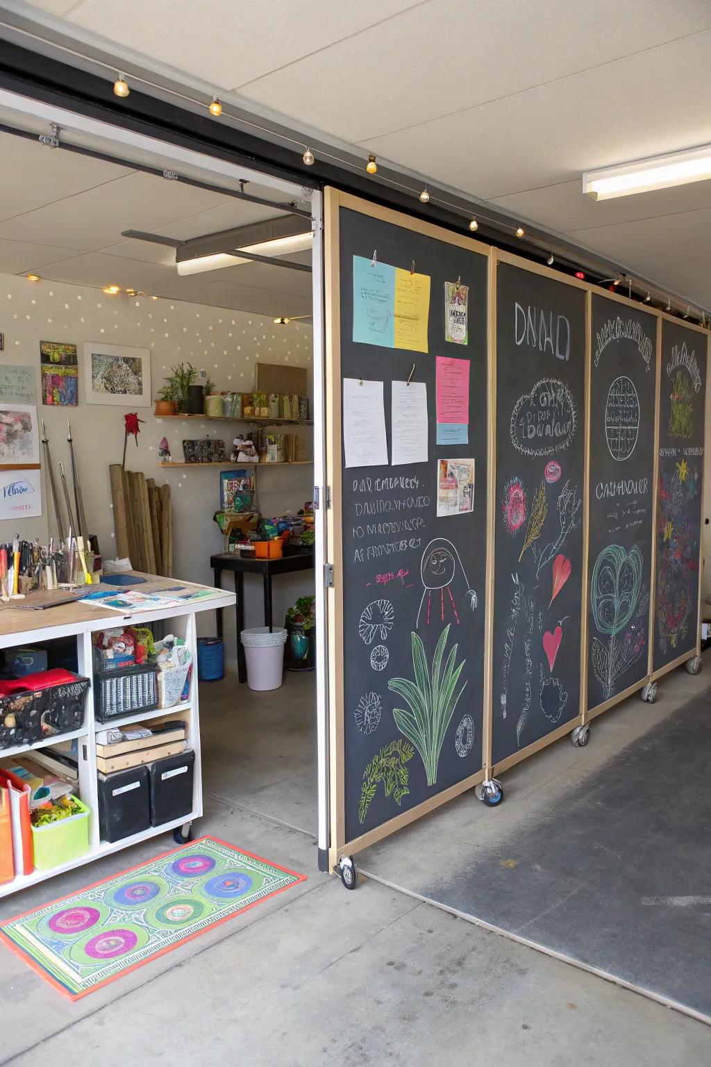 Rolling chalkboard walls offer a creative and functional partition.