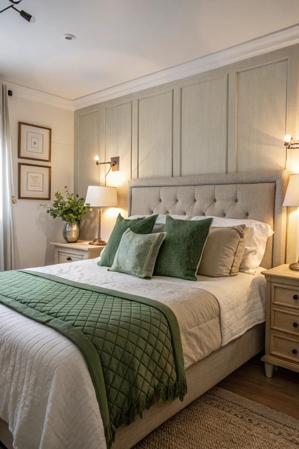 Green pillows add a subtle yet impactful splash of color to this bedroom.
