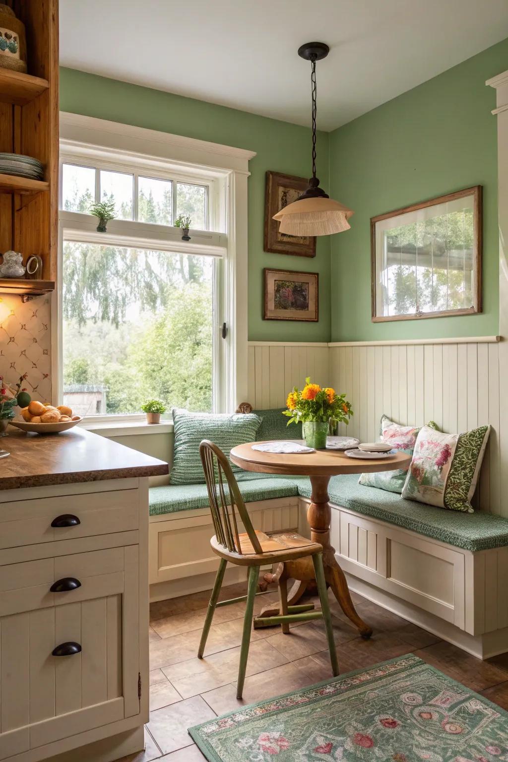 A cozy green breakfast nook providing a serene retreat.