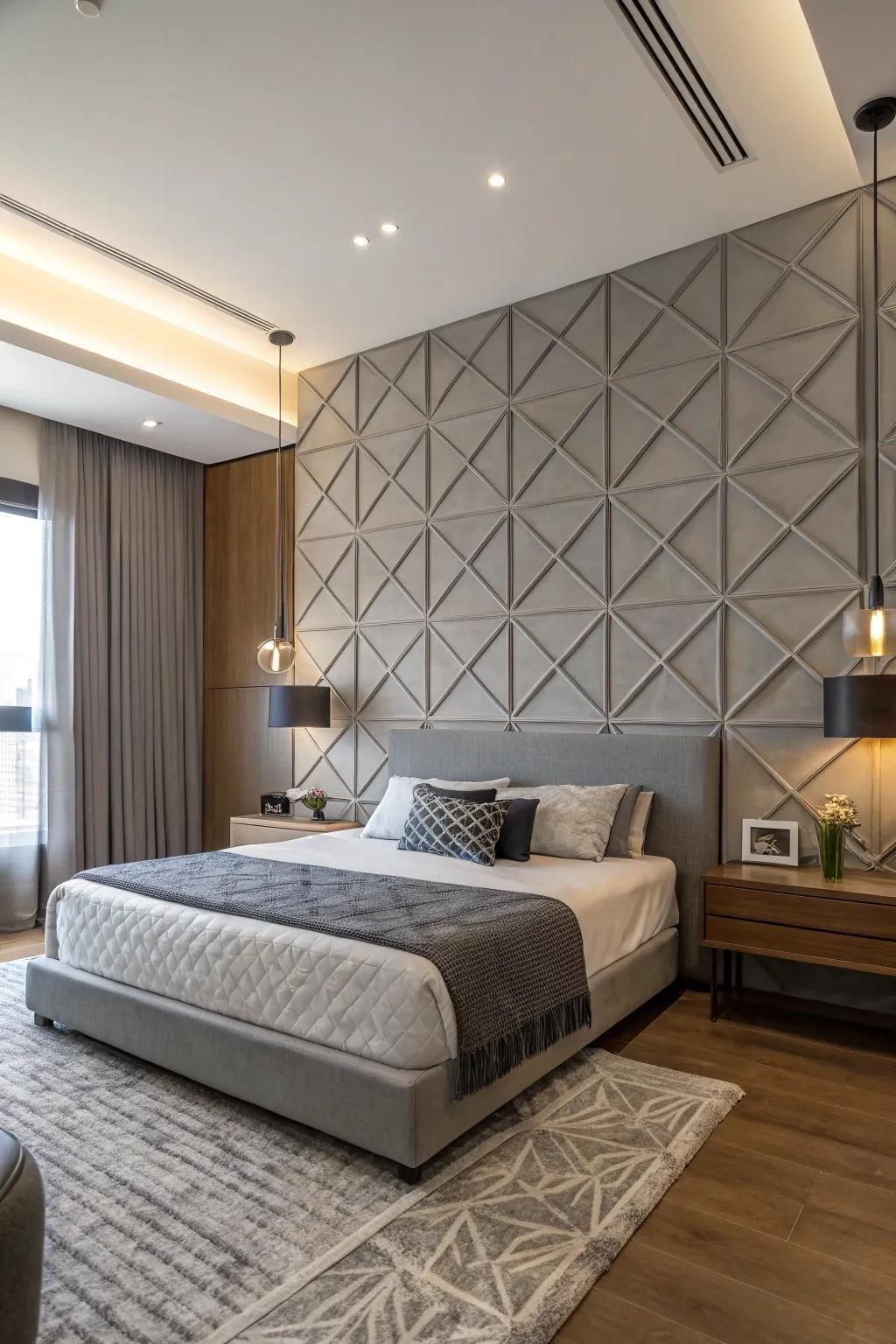 Geometric layouts add a modern twist to the grey feature wall.