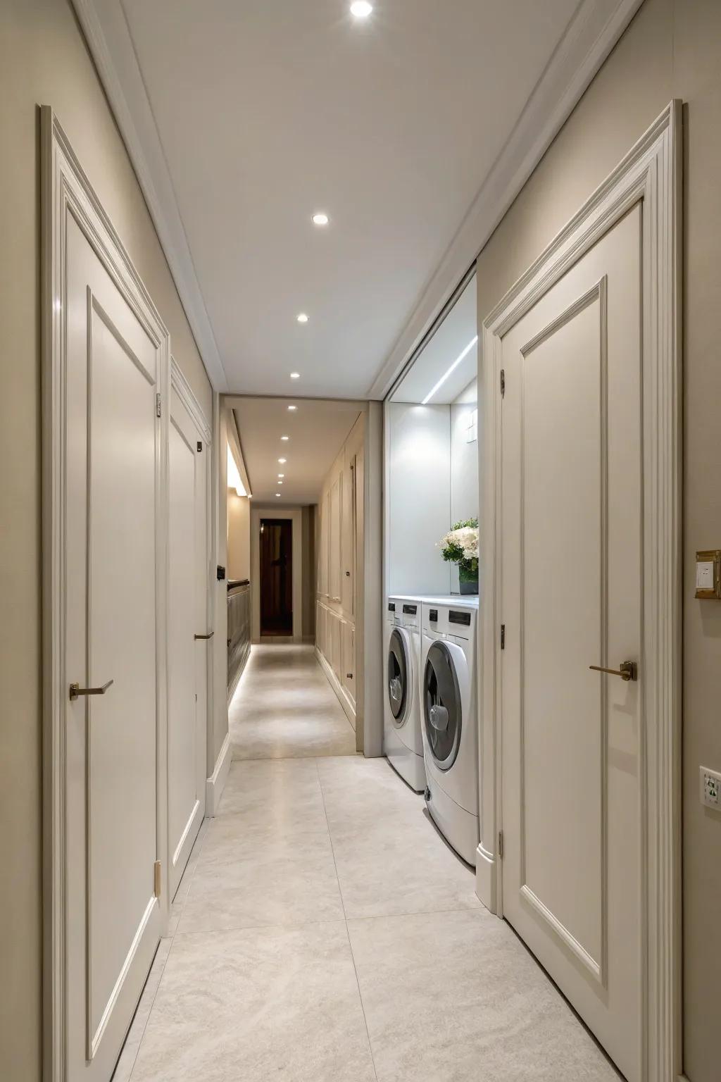 Invisible doors create a seamless and uncluttered hallway by hiding the laundry room.