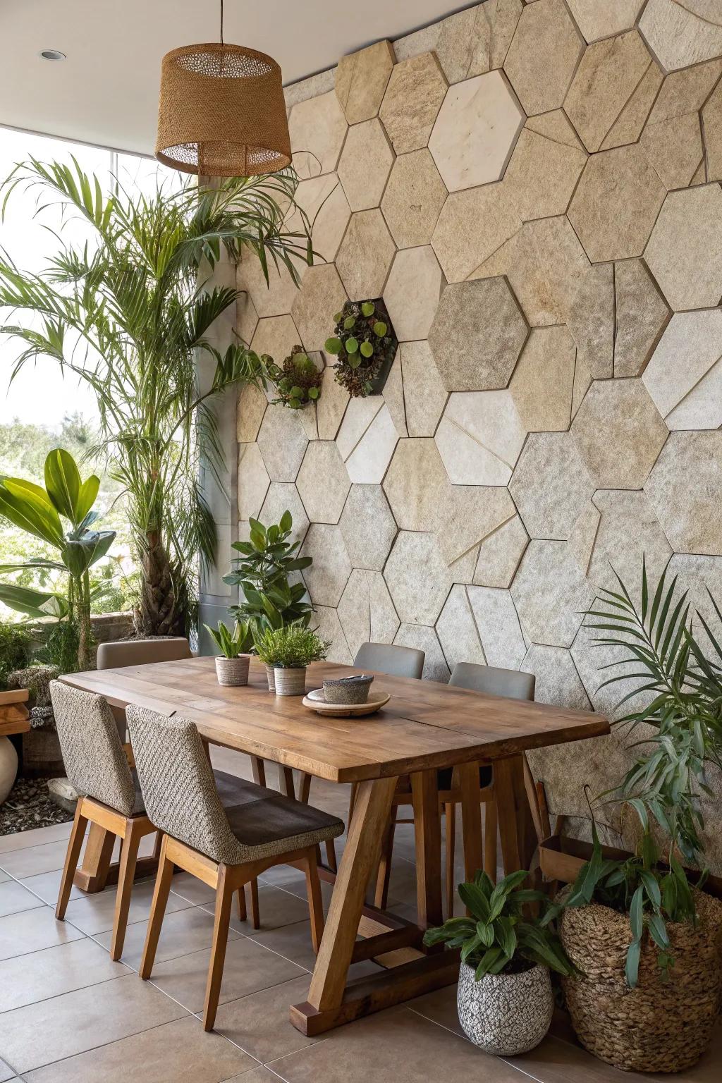 Natural stone hexagons create a rustic and calming atmosphere.