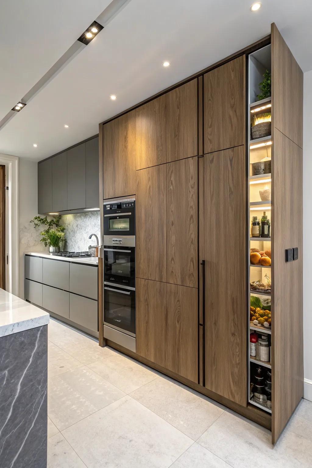 A kitchen with a hidden door seamlessly integrated into cabinetry.