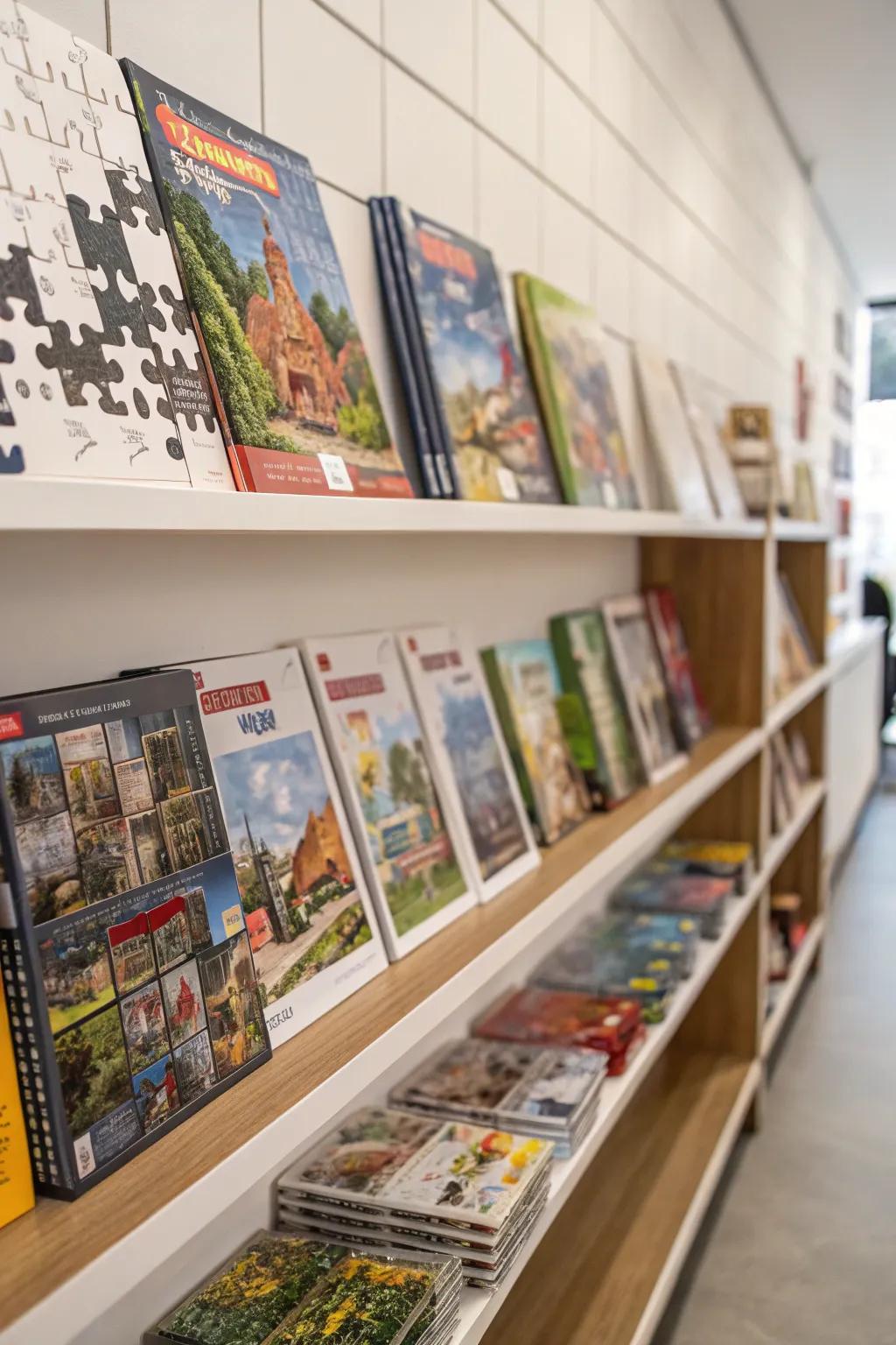 Magazine holders being used in a clever way for puzzle storage.