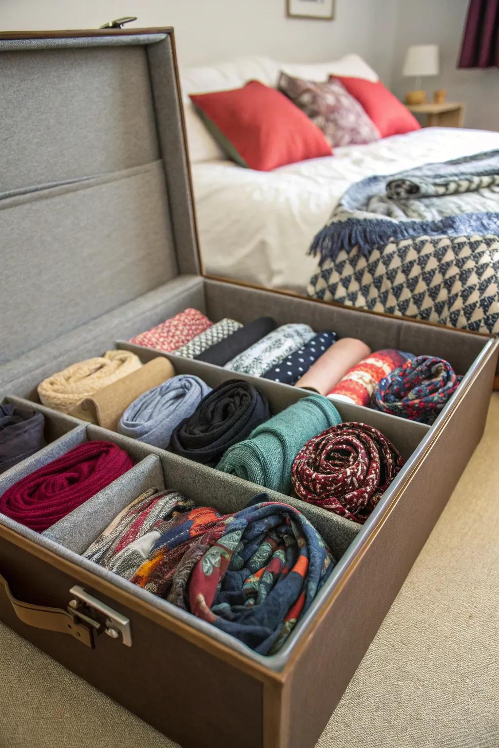 Under-bed boxes provide discreet and efficient scarf storage.