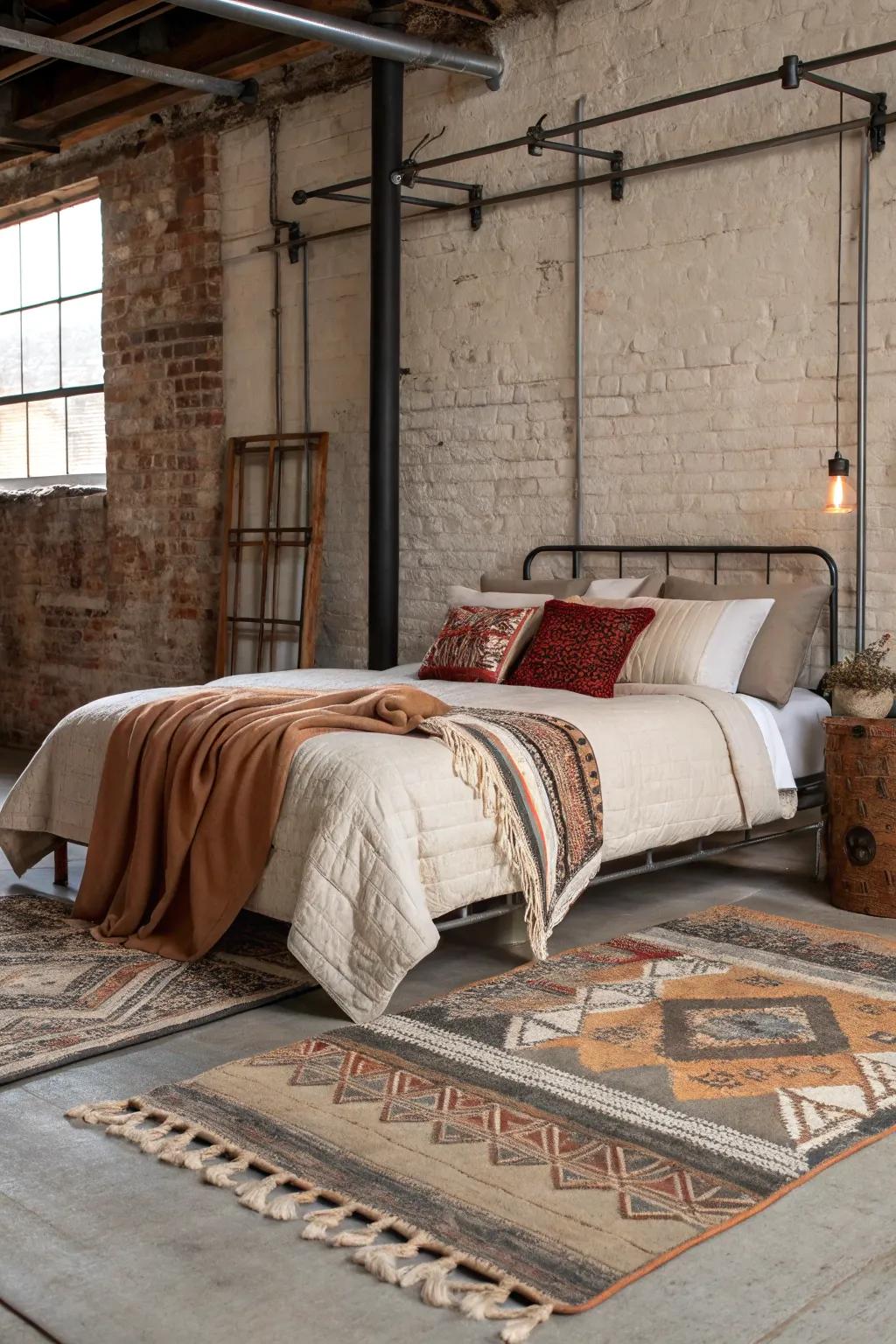 Layered textiles create a cozy atmosphere in this industrial bedroom.