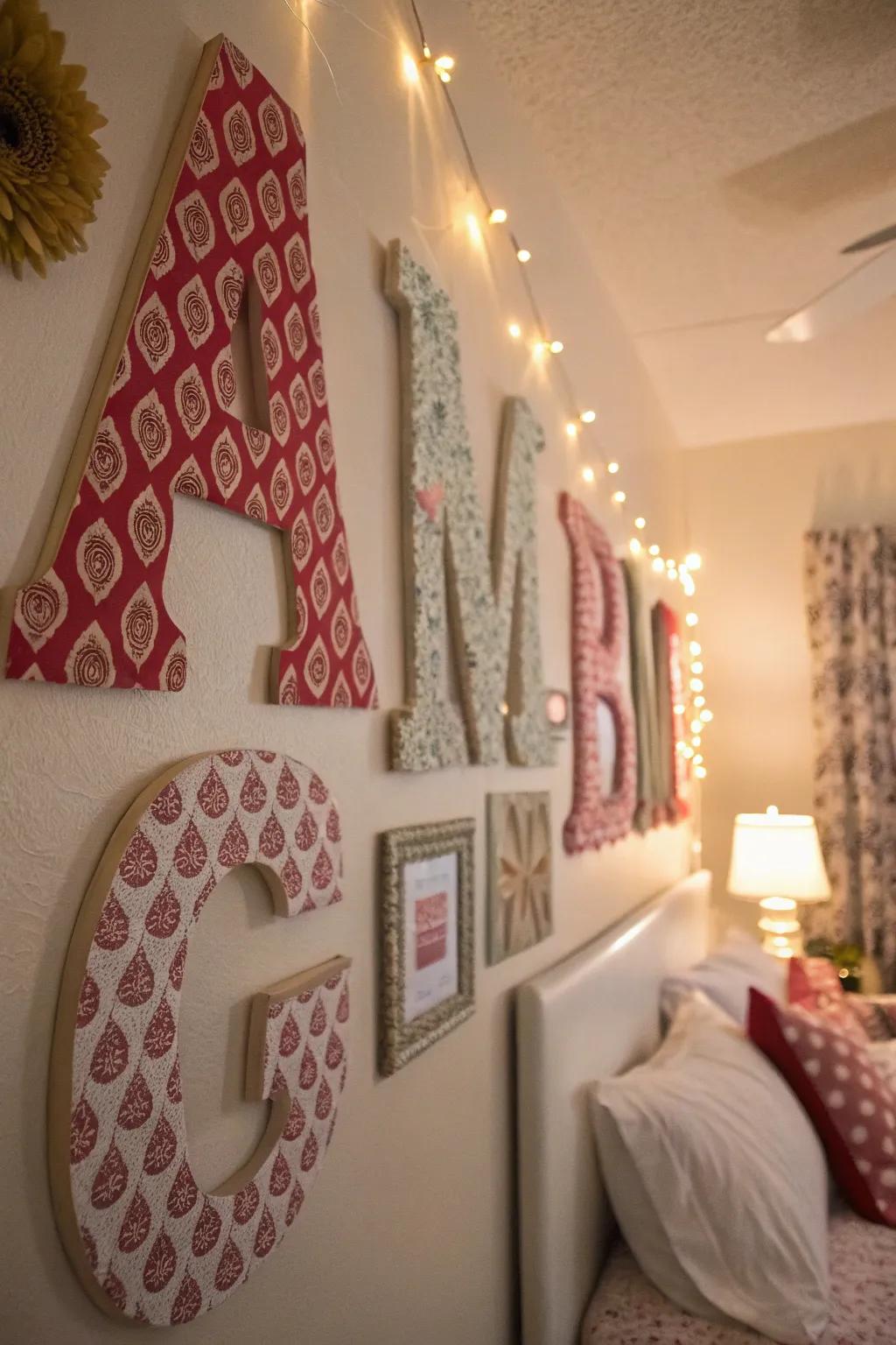 Fabric-covered letters bring warmth and texture.