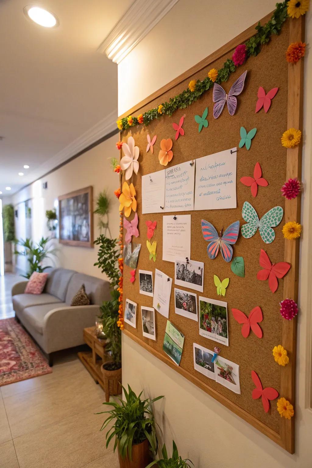 A whimsical bulletin board with butterflies and blossoms.