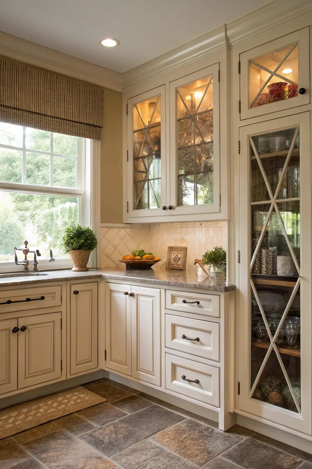 Diagonal cabinets enhance accessibility and style.