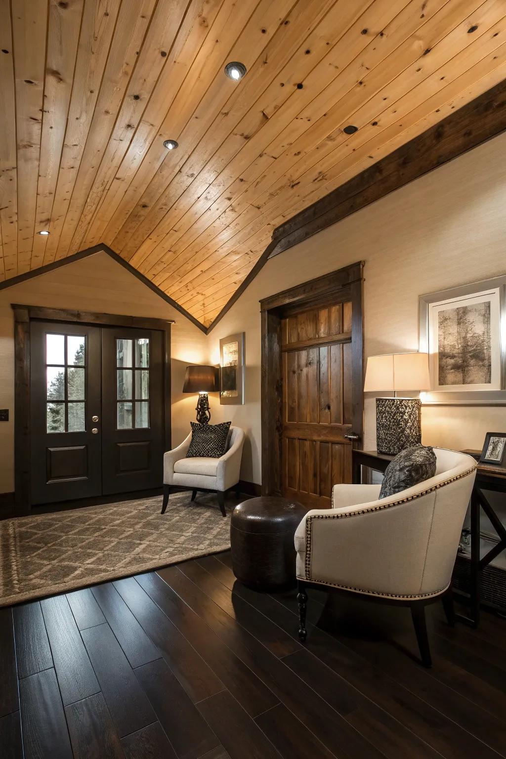 A stylish room where dark floors provide a striking contrast to the knotty pine ceiling.