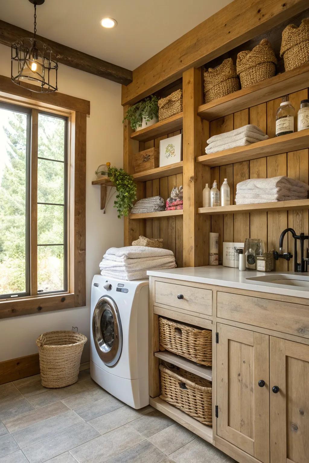 Recycled wood shelving offers an eco-friendly and charming design solution.