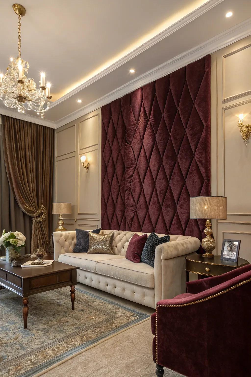 A velvet fabric wall enriches this living space with richness and warmth.