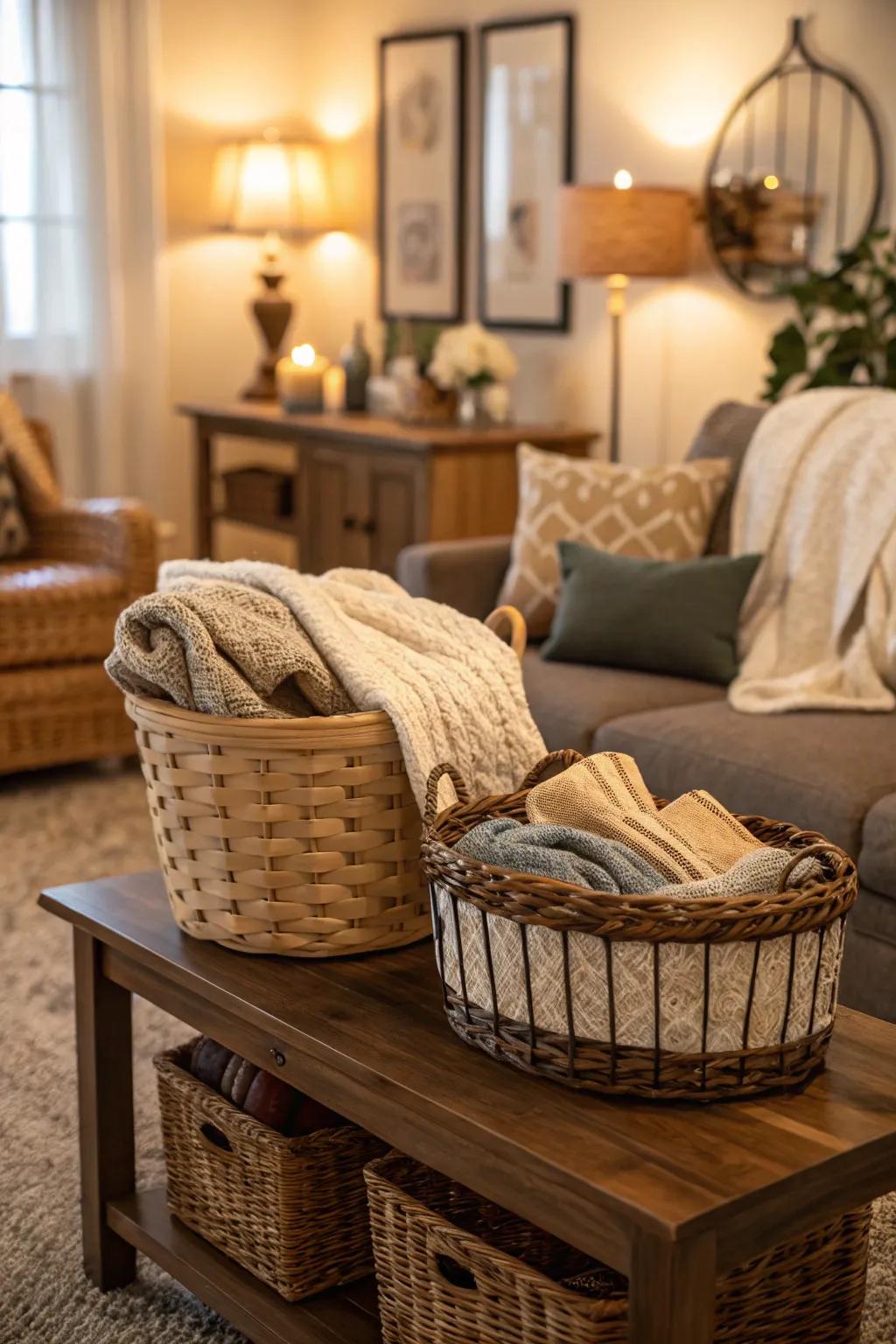 Woven baskets overflowing with blankets add texture and practicality to the décor.