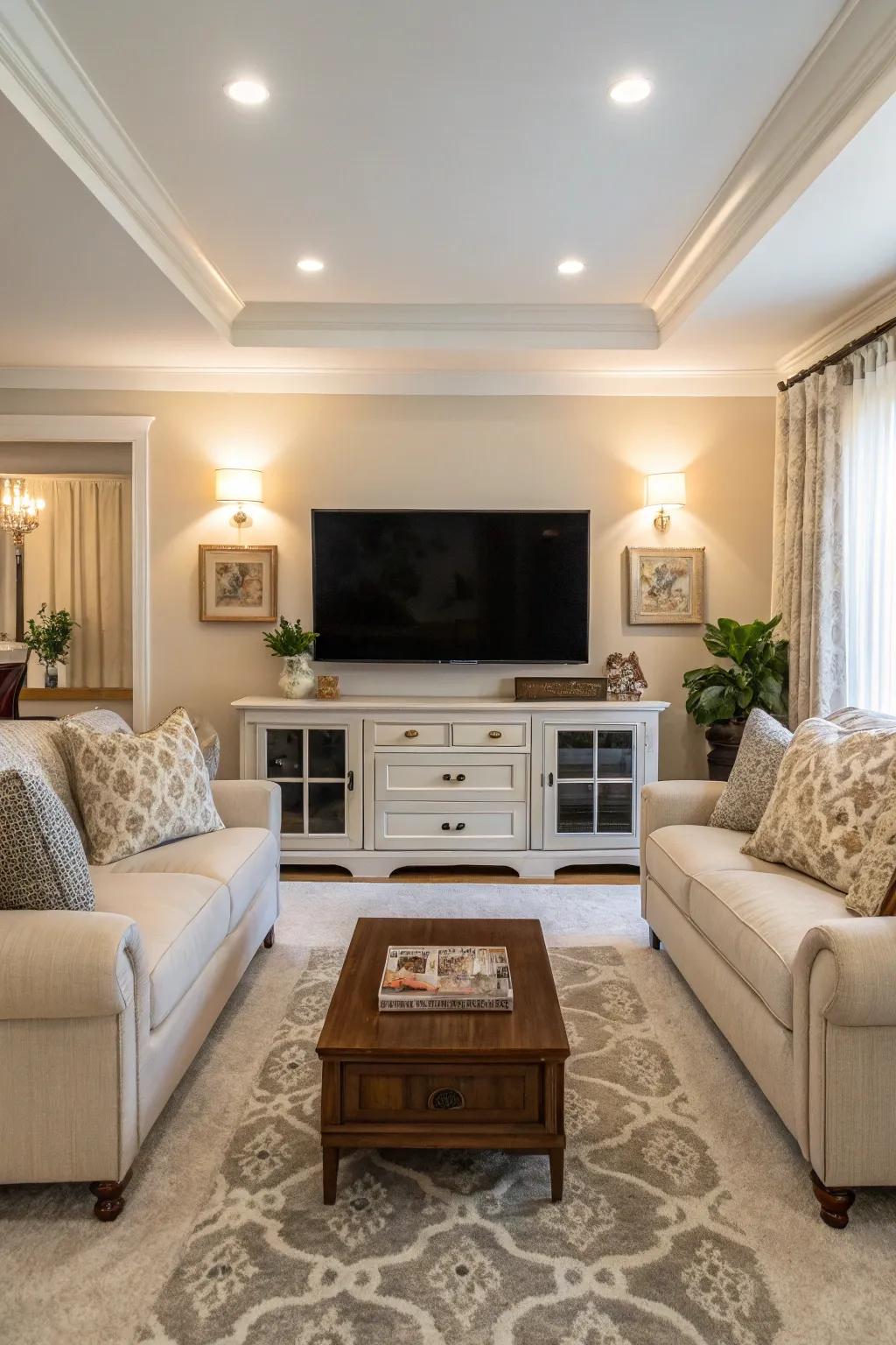 Symmetrical arrangements bring balance and harmony to the TV area.