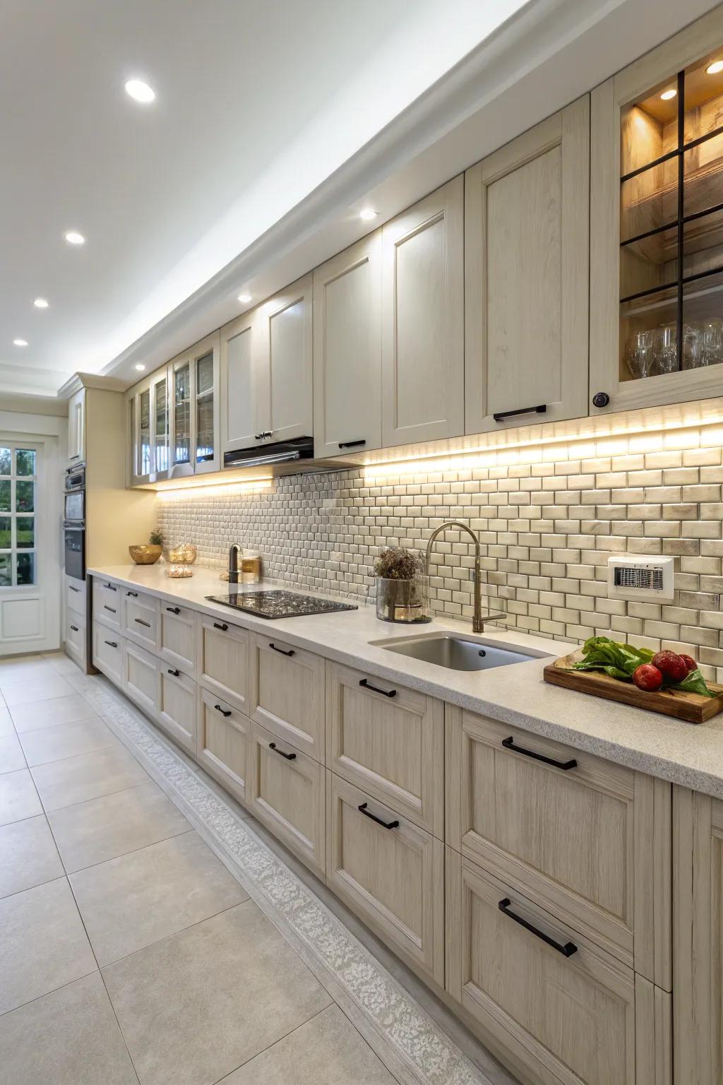 Integrated tile countertops and panel create a seamless kitchen look.