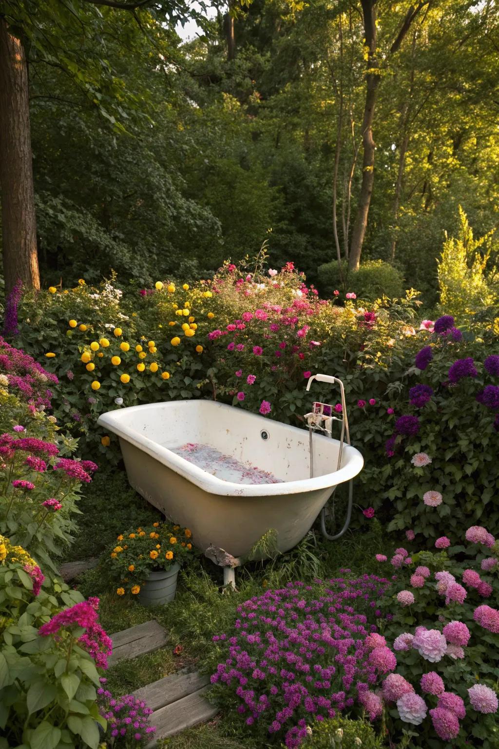 Find peace in a garden hideaway with a floral backdrop.